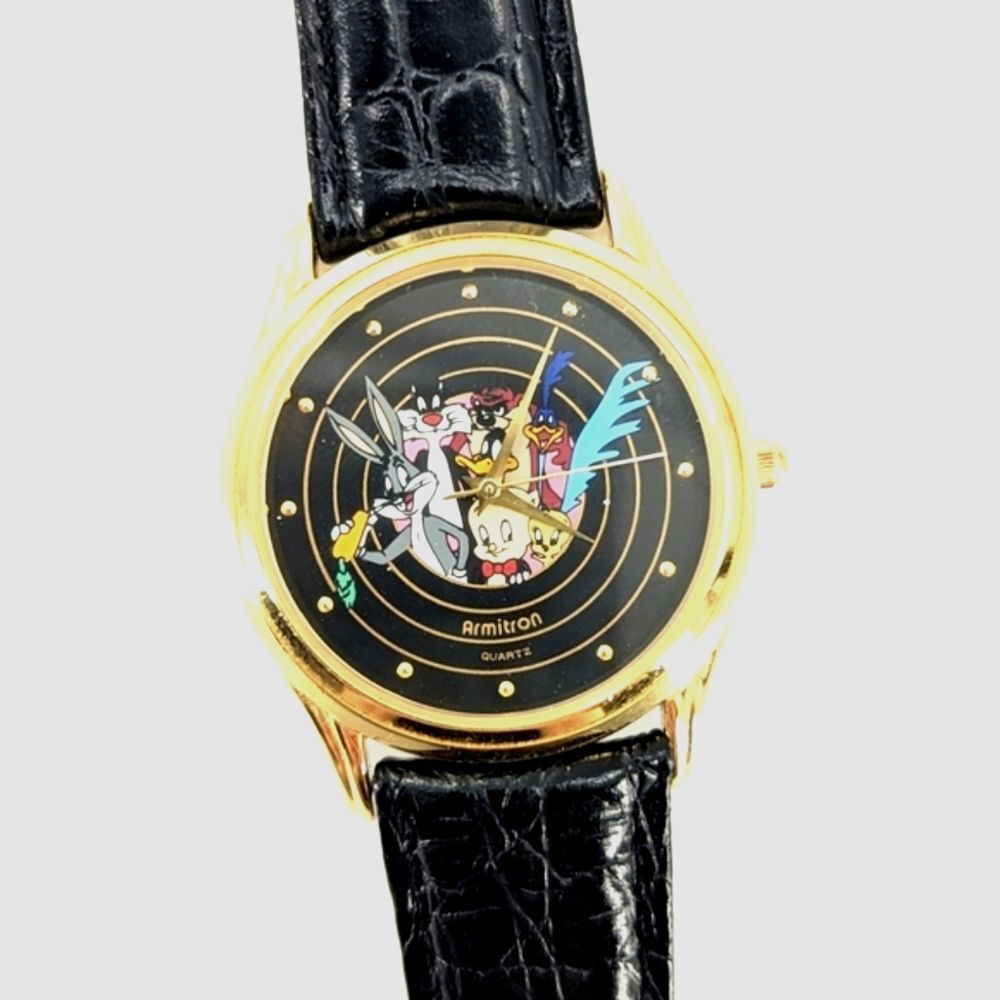 Armitron Looney Tunes Collectors Edition Gold Black Leather Band Watch